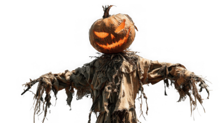 A spooky scarecrow with a glowing jackolantern head is isolated on transparent background
