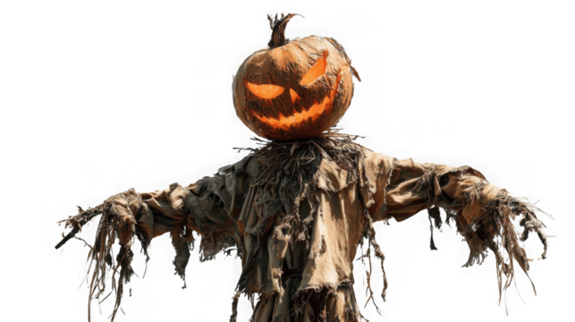 A spooky scarecrow with a glowing jackolantern head is isolated on transparent background