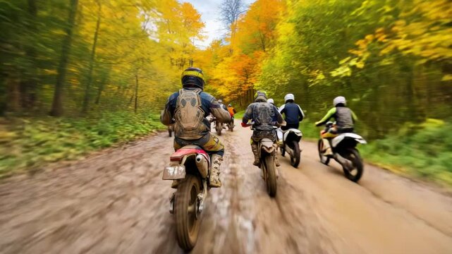 Group of motocross bikers rides through muddy forest path during autumn day time