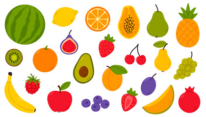Vector set of assorted tropical fruits including banana, watermelon, avocado, orange, lemon, apple, pineapple, kiwi, fig, pear, papaya, berries and grapes. Perfect for food packaging