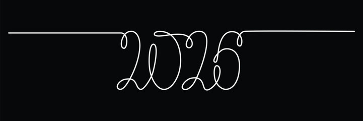 2026 sign - decoration continuous line hand drawing sign for year calendar. Vector stock illustration minimalism design isolated on black chalkboard background. Editable stroke single line. 