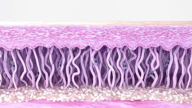 Skin aging process. Degradation of fibroblasts, destruction of collagen and elastin fibers, and the wrinkle formation process, sagging skin, loss of volume, and loss of elasticity. 3D animation