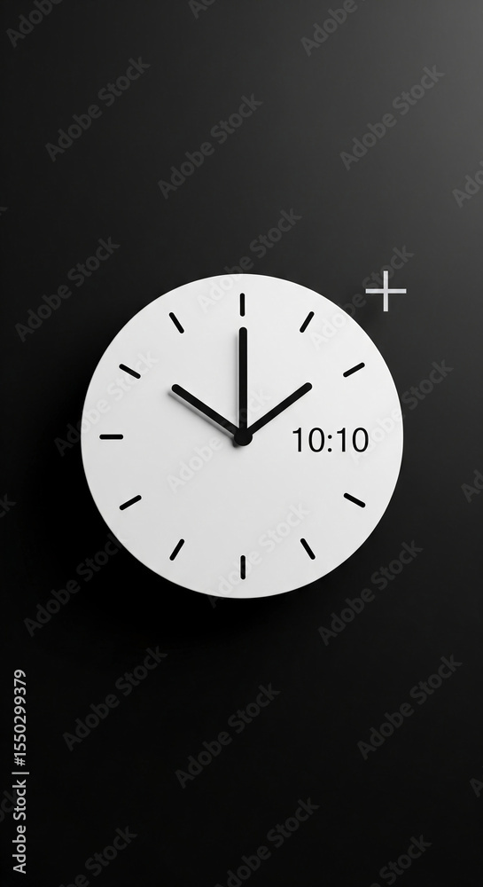Poster White clock face with black hands showing 10:10 against a black background, symbolizing a specific time, minimalist design, suitable for time-related concepts