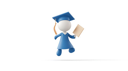 Celebrating graduation with joy! A stick figure in a blue graduation gown and cap jumps with glee, holding a diploma, symbolizing academic achievement.