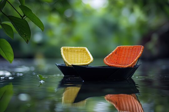 Two colorful chairs on origami boats