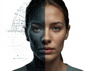 Portrait of a woman with half face digital wireframe on black background