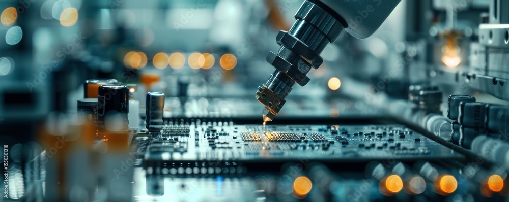 Poster close-up of microchip soldering process on a colorful circuit board