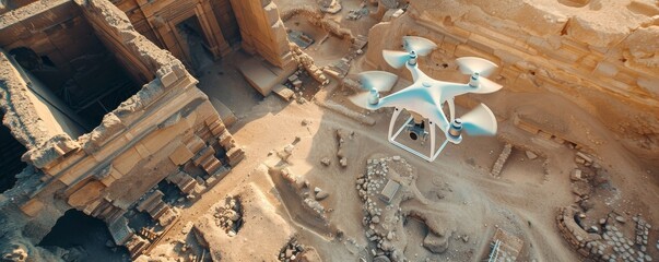 Aerial drone capturing ancient ruins in a desert landscape with detailed architectural remnants