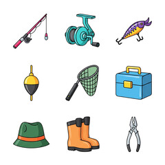 Fishing Gear Icons Rods, Reels, Lures, Nets, and More