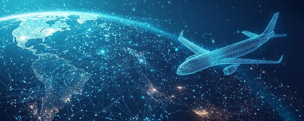 Wireframe airplane flying over a digital earth with a starry night sky