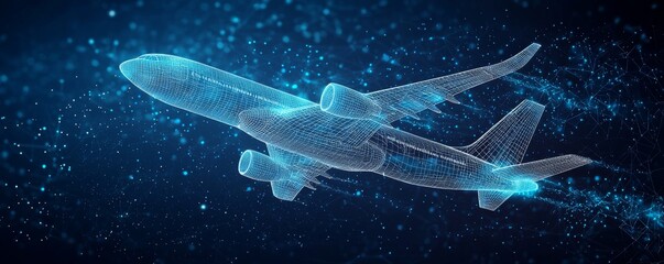 Wireframe airplane in digital space showcasing futuristic aviation technology