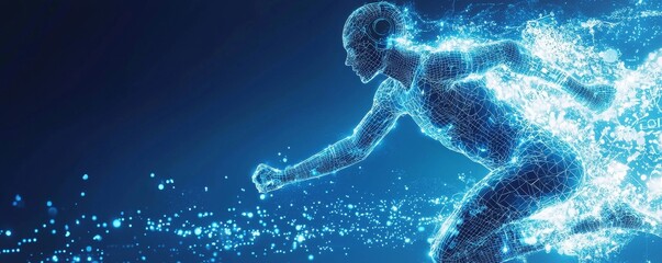 Wireframe athlete in dynamic pose with digital effects, representing futuristic sports technology