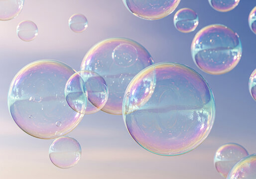 A mesmerizing array of iridescent soap bubbles against a soft sky, transient beauty, innovation, or delicate ideas. Perfect for themes of purity, childhood wonder, or scientific exploration