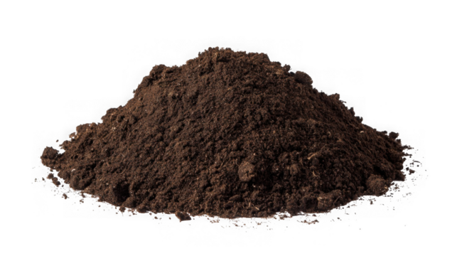 A pile of dark brown soil isolated on transparent background