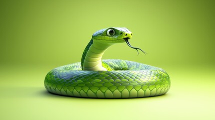 Fototapeta premium Bright green snake coiled on a light background, showcasing intricate scales and realistic features while poised and alert