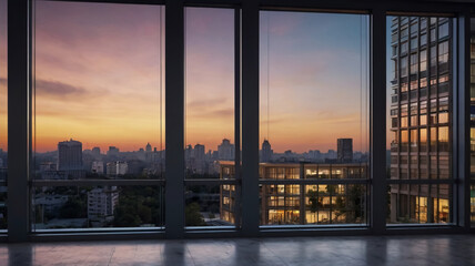 Urban cityscape at sunset seen through large glass windows of a modern building interior. AI-generated image.