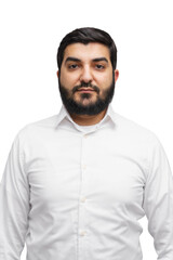 A portrait of confident man in a white shirt with a beard against a white background, expressing...