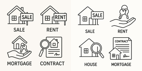 Real Estate Icons Set for Sale, Rent, Mortgage, and Contract Concepts