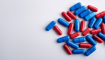blue and red pills on white background top view