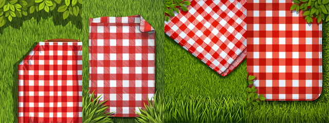 Fototapeta premium Set of Red and White Checkered Picnic Tablecloths on Green Grass Background