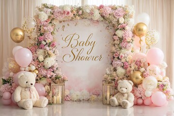 Vertical baby shower backdrop with 'Baby Shower' in gold script on pastel pink. Surrounded by roses, peonies, hydrangeas, pastel balloons, gold accents, and plush teddy bears. 