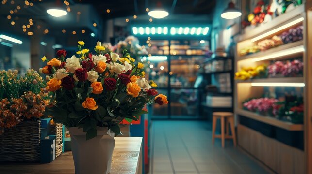 Colorful bouquet of roses displayed in a vibrant flower shop during evening hours in a bustling urban location