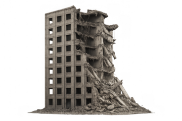 Destroyed building with transparent background representing urban decay and destruction