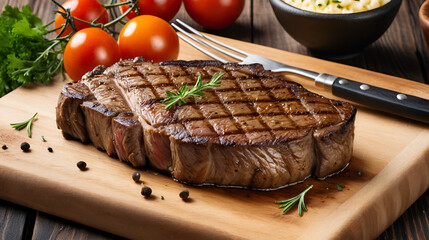 Grilled rump steak on a wooden board