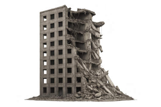 Destroyed building with transparent background representing urban decay and destruction