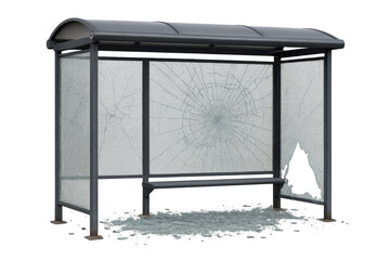 Bus stop showing vandalism with broken glass and transparent background