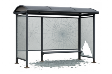 Bus stop showing vandalism with broken glass and transparent background