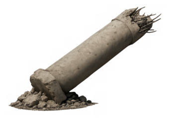 Broken concrete pillar leaning with rebar exposed on transparent background