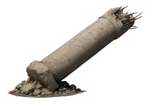 Broken concrete pillar leaning with rebar exposed on transparent background