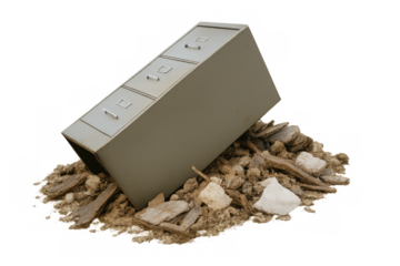 Filing cabinet tilting on rubble pile with transparent background