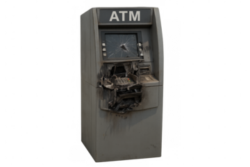 Broken atm showing vandalism and theft on transparent background