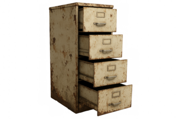 Old rusty filing cabinet with open drawers on transparent background
