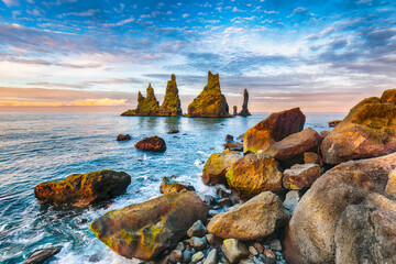 Ramarkable landscape with basalt rock formations Troll Toes on Black beach Reynisfjara near the...