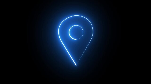 Abstract location glowing neon icon fast tracking map pin icon animation on black background.