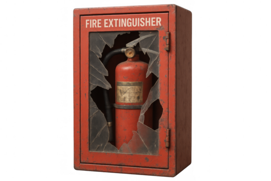 Old damaged fire extinguisher cabinet with broken glass on transparent background