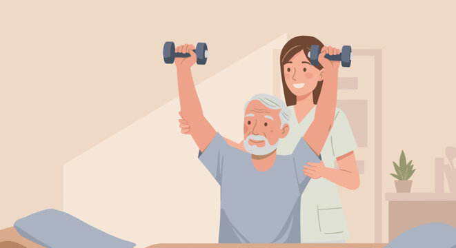 Physical therapist assisting elderly man with weights, concept for rehabilitation and healthcare resources
