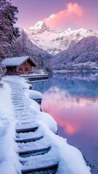 Snowy chalet by a lake at sunrise