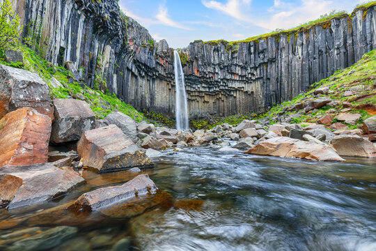 Impressive view of Svartifoss waterfall with basalt columns on southern part of Iceland.