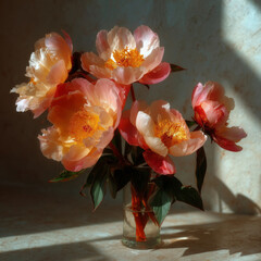 Bouquet of peonies basking in warm sunlight creating a serene atmosphere