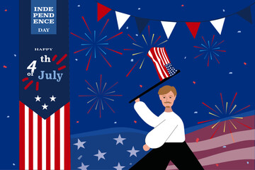 4th of July Celebration with Fireworks and American Flag