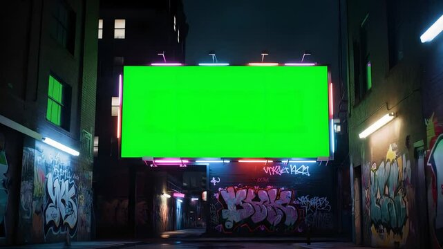 Neon alleyway at night with graffiti and green screen signage ready for custom graphics