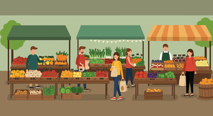 Illustration of a vibrant farmer's market with vendors and customers purchasing fresh produce.