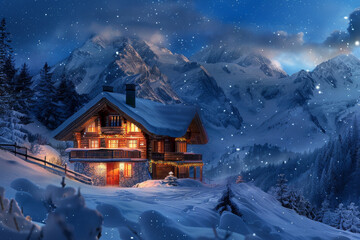 A mountain chalet among fir forest in ski resort in the Christmas night. Winter holiday cottage decorated with garlands of Xmas lights