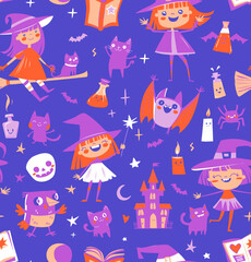 Cute Seamless Halloween Pattern with Witches, Cats, and Potions Purple Cartoon Doodle Style
