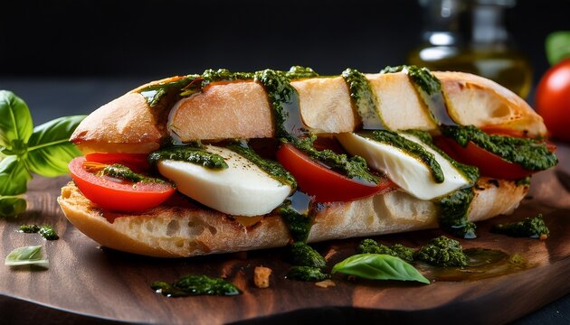 caprese panini with fresh mozzarella ripe tomatoes basil pesto and balsamic glaze on ciabatta bread - Powered by Adobe
