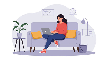 Woman Working From Home Comfortable Remote Work Setup on Cozy Sofa with Laptop